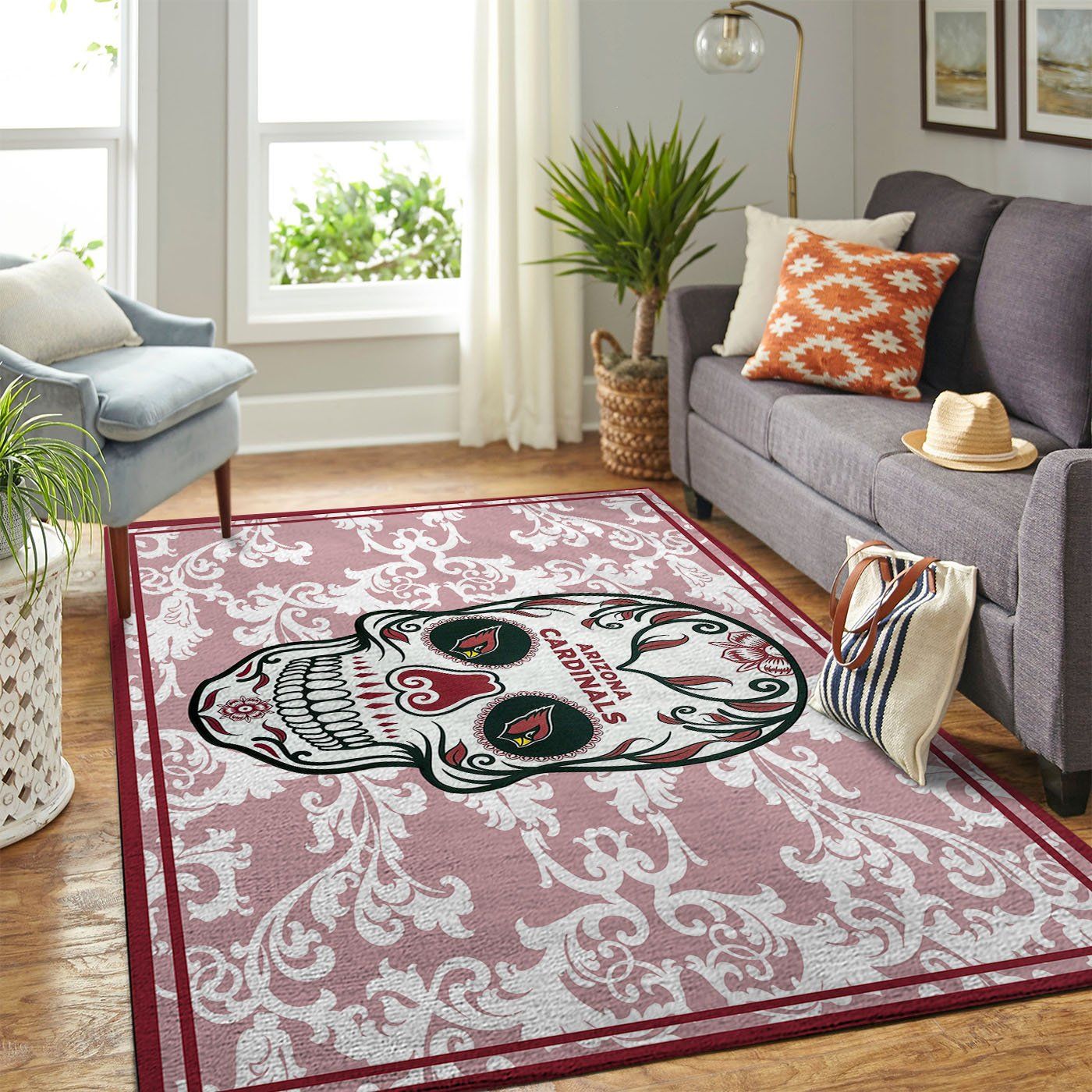 Arizona Cardinals Nfl Team Logo Skull Flower Style Nice Gift Home Decor Rectangle Area Rug