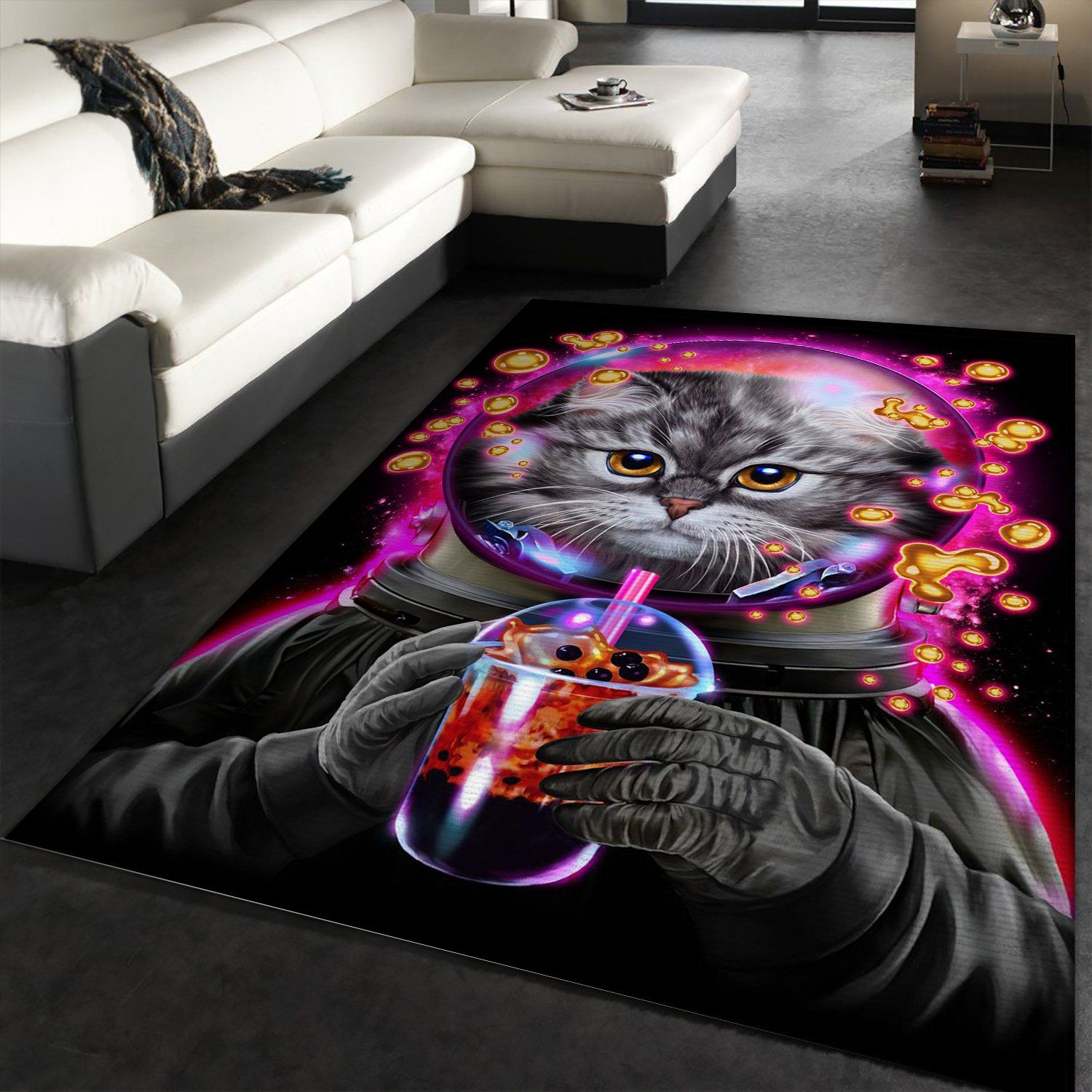 Astronaut Cat Bubble Tea Area Rug For Christmas Living Room Rug Family Gift US Decor