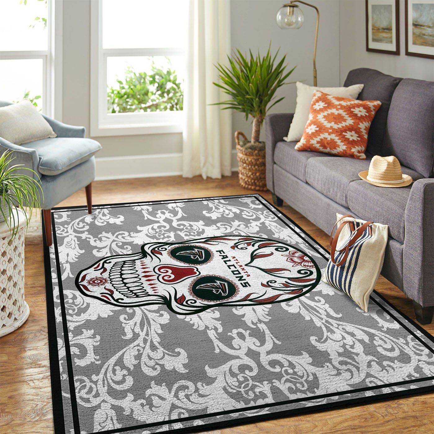 Atlanta Falcons Nfl Team Logo Skull Flower Style Nice Gift Home Decor Rectangle Area Rug