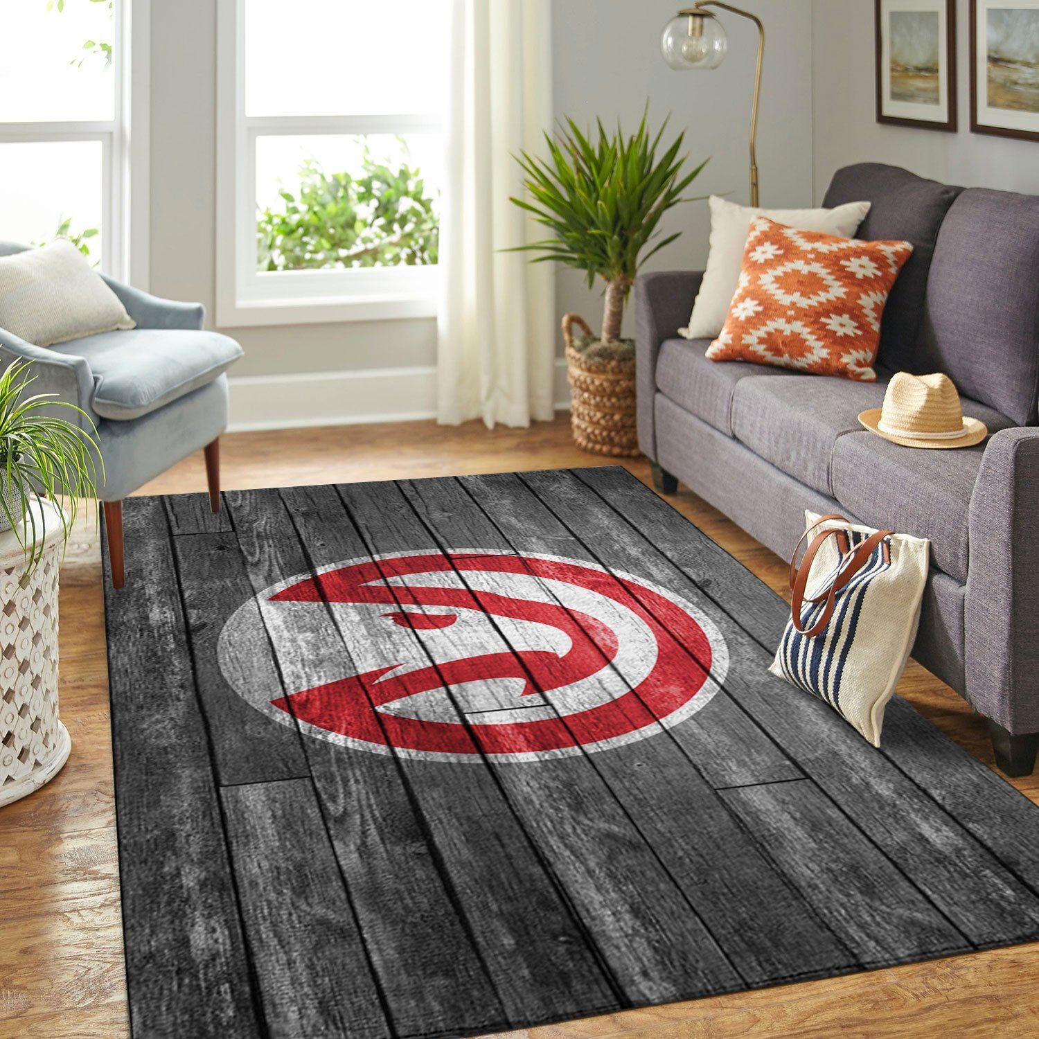 Atlanta Hawks Nba Team Logo Grey Wooden Style Nice Gift Home Decor Rectangle Area Rug