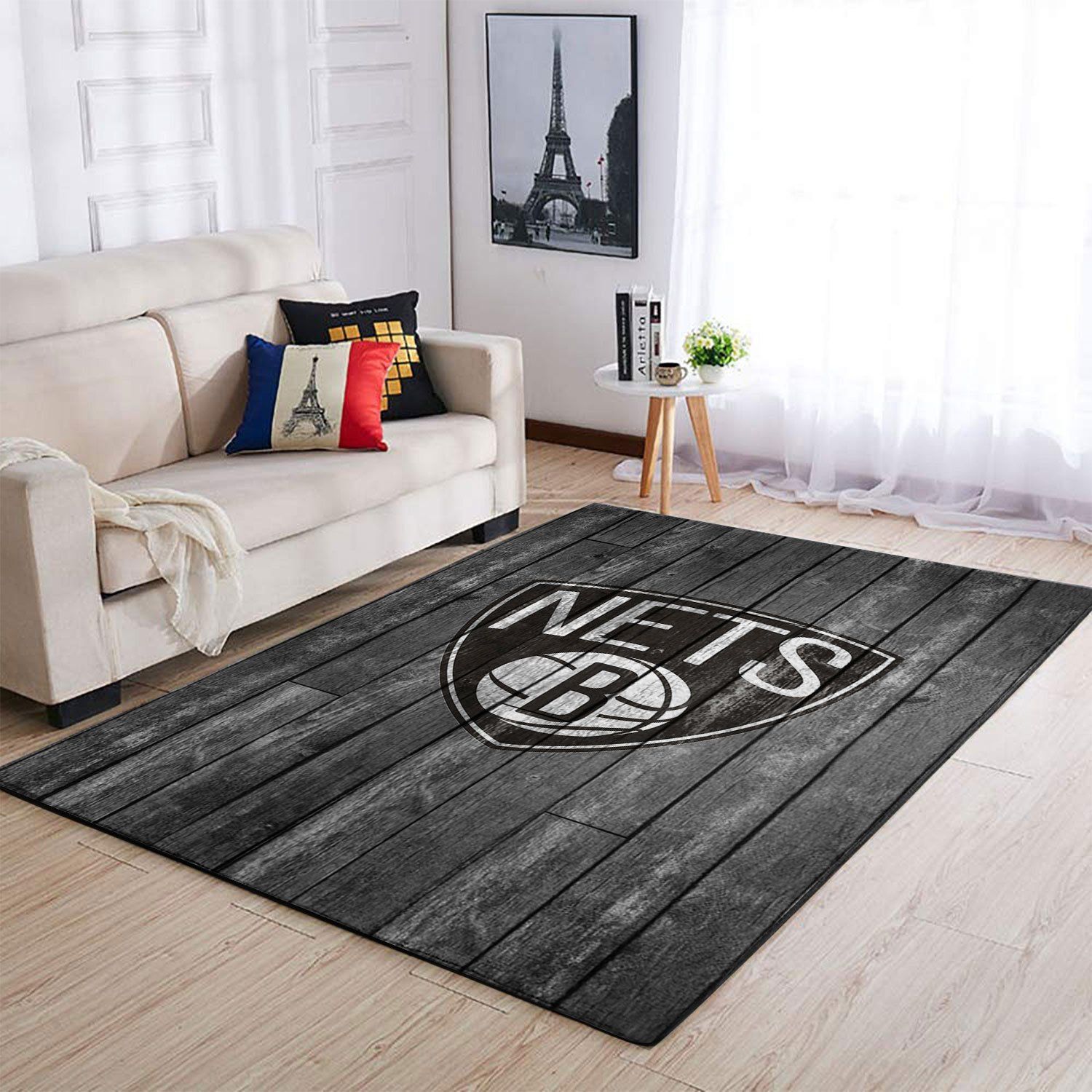 Brooklyn Nets Nba Team Logo Grey Wooden Style Nice Gift Home Decor Rectangle Area Rug