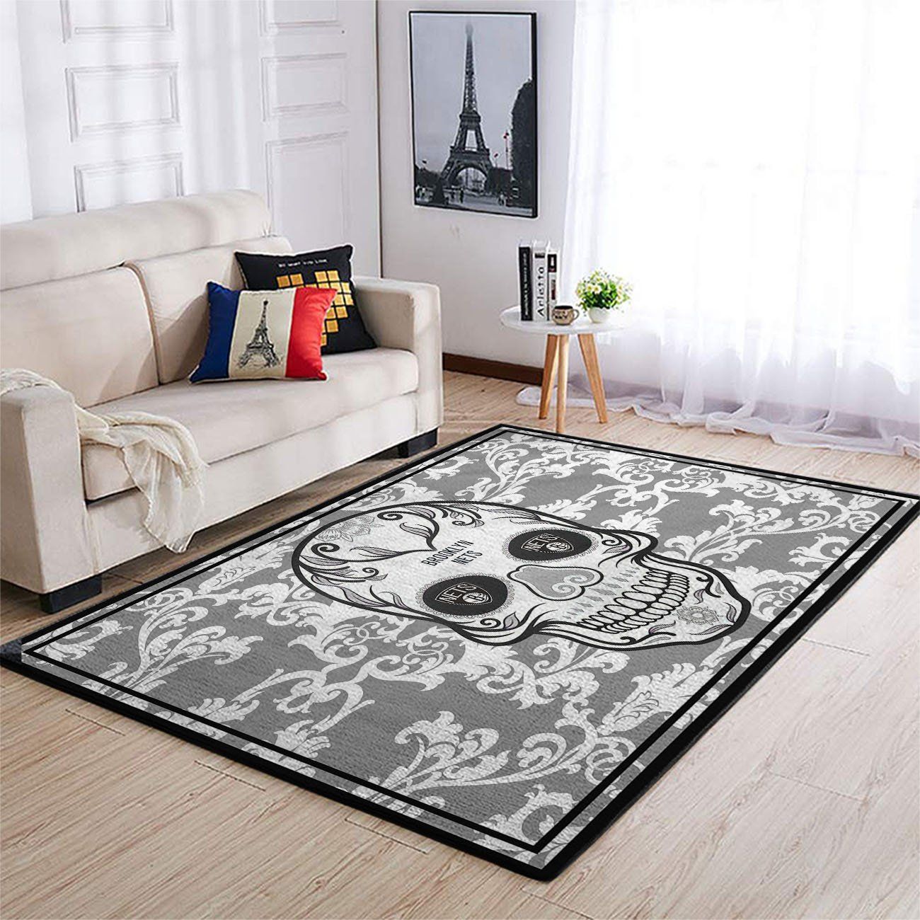 Brooklyn Nets Nba Team Logo Skull Flower Style Nice Gift Home Decor Rectangle Area Rug