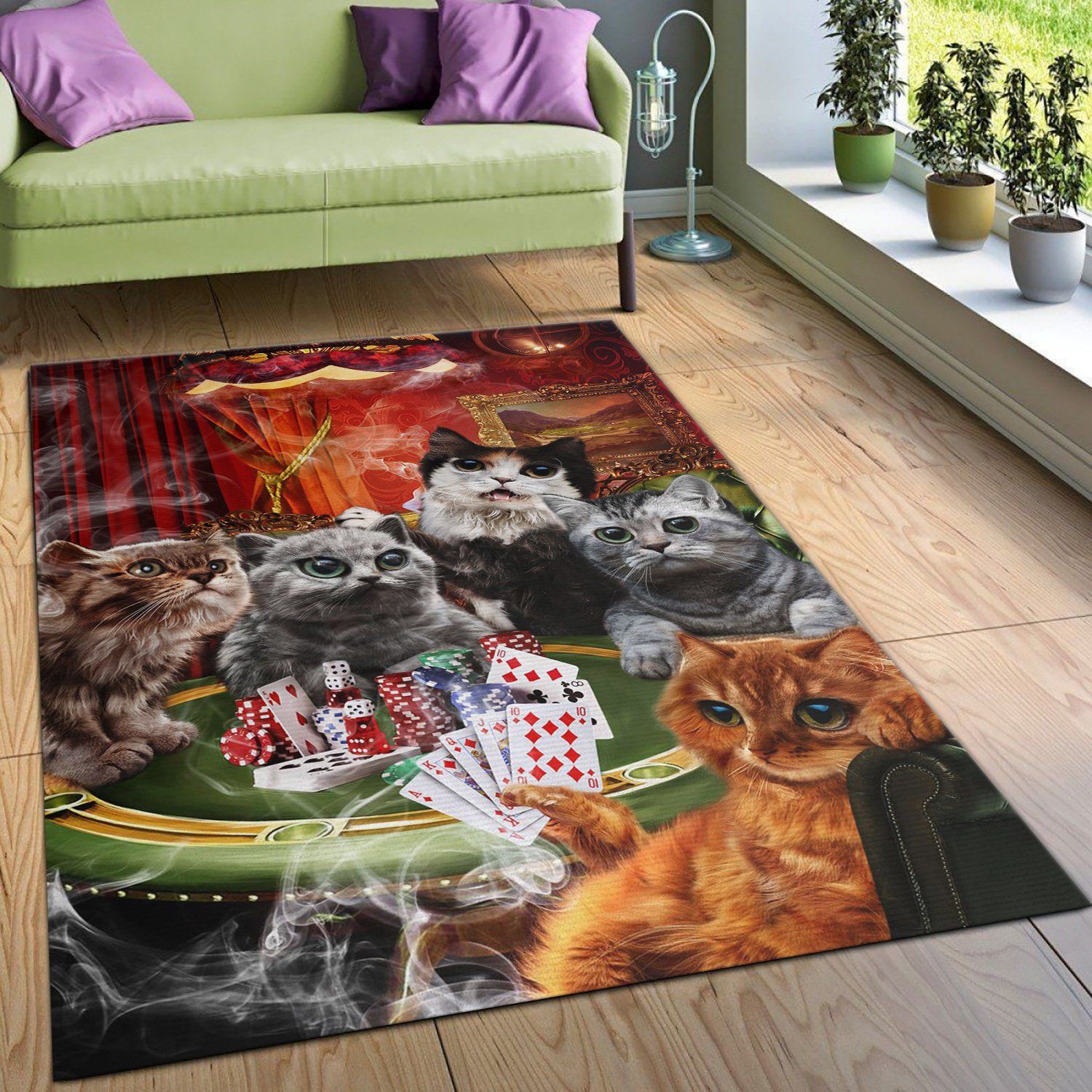 Cat Playing Poker Game Area Rug Carpet Bedroom US Gift Decor