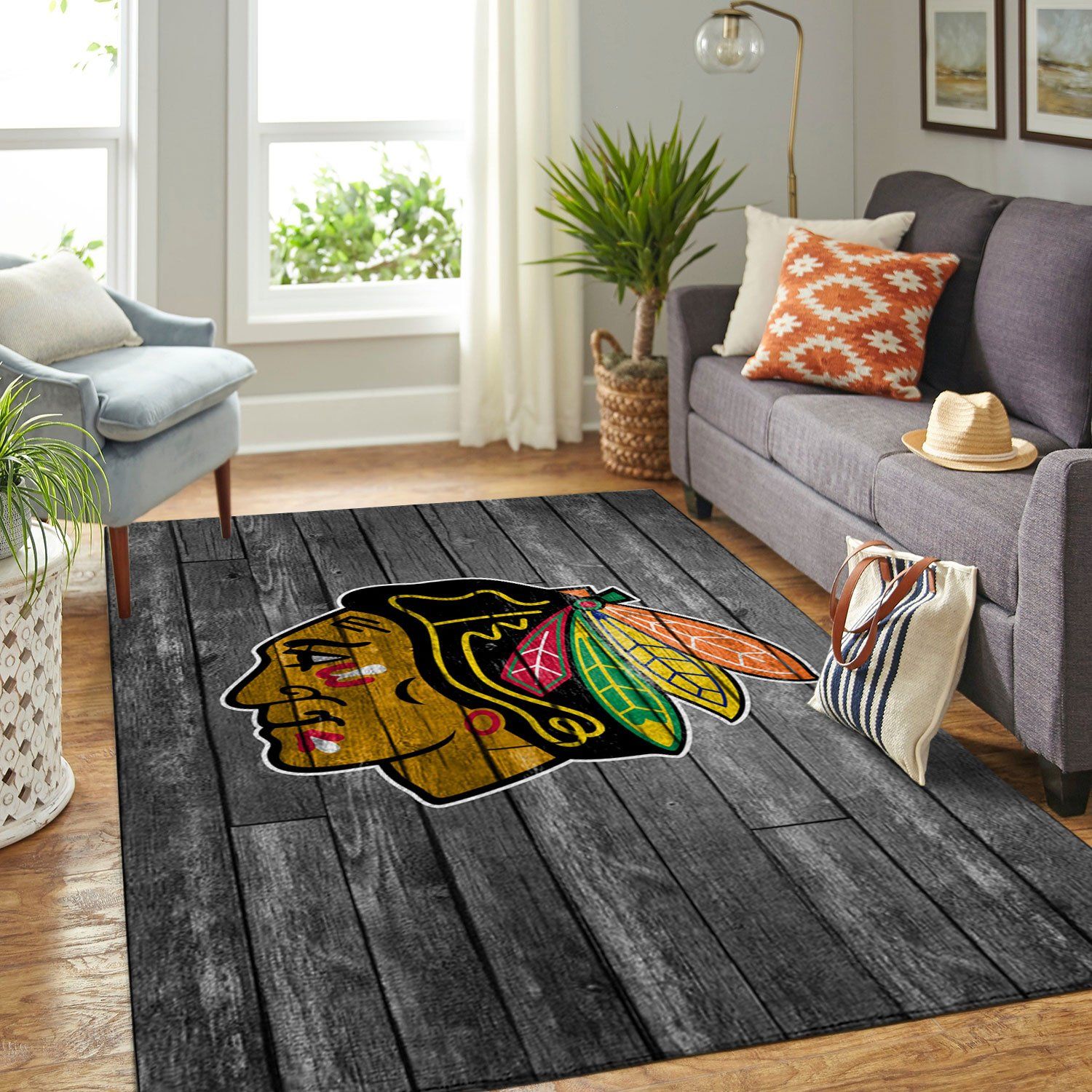 Chicago Blackhawks Nhl Team Logo Grey Wooden Style Nice Gift Home Decor Rectangle Area Rug