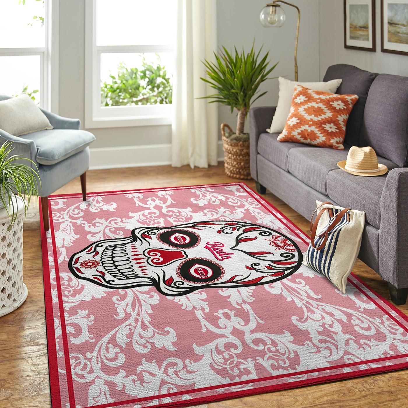 Cincinnati Reds Mlb Team Logo Skull Style Nice Gift Home Decor Rectangle Area Rug