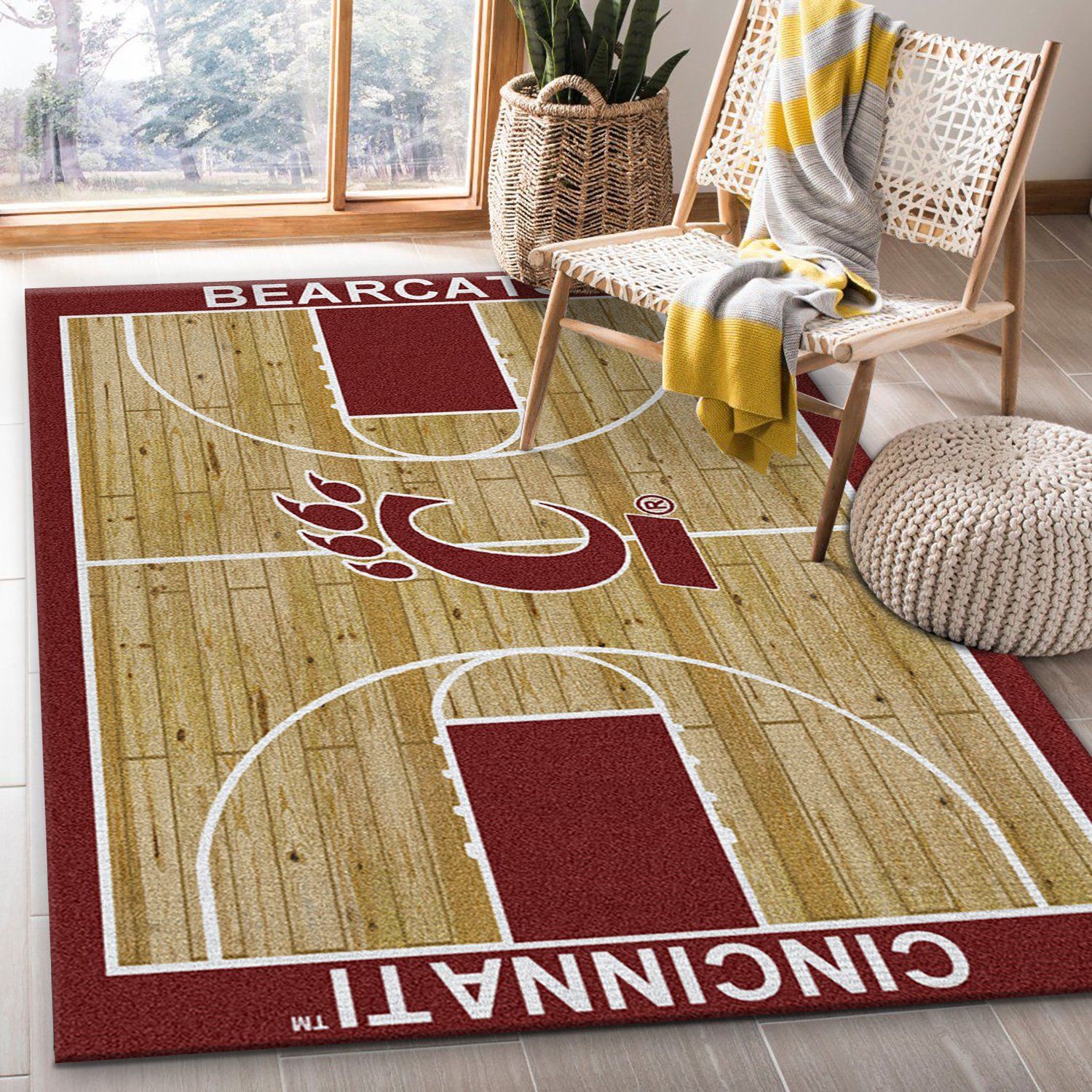 College Home Court Cincinnati Basketball Team Logo Area Rug, Living Room Rug, US Gift Decor