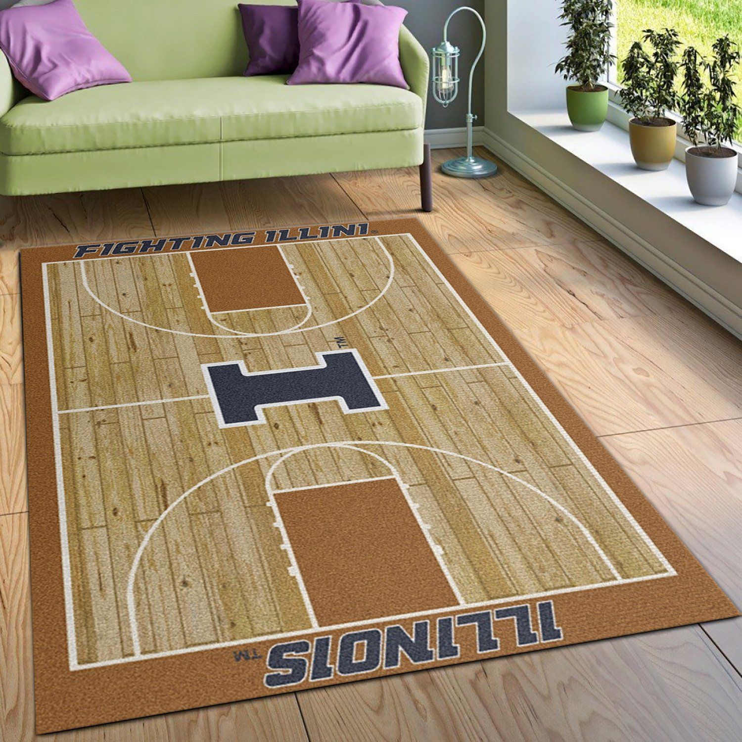 College Home Court Illinois Basketball Team Logo Area Rug, Living Room Rug, Family Gift US Decor