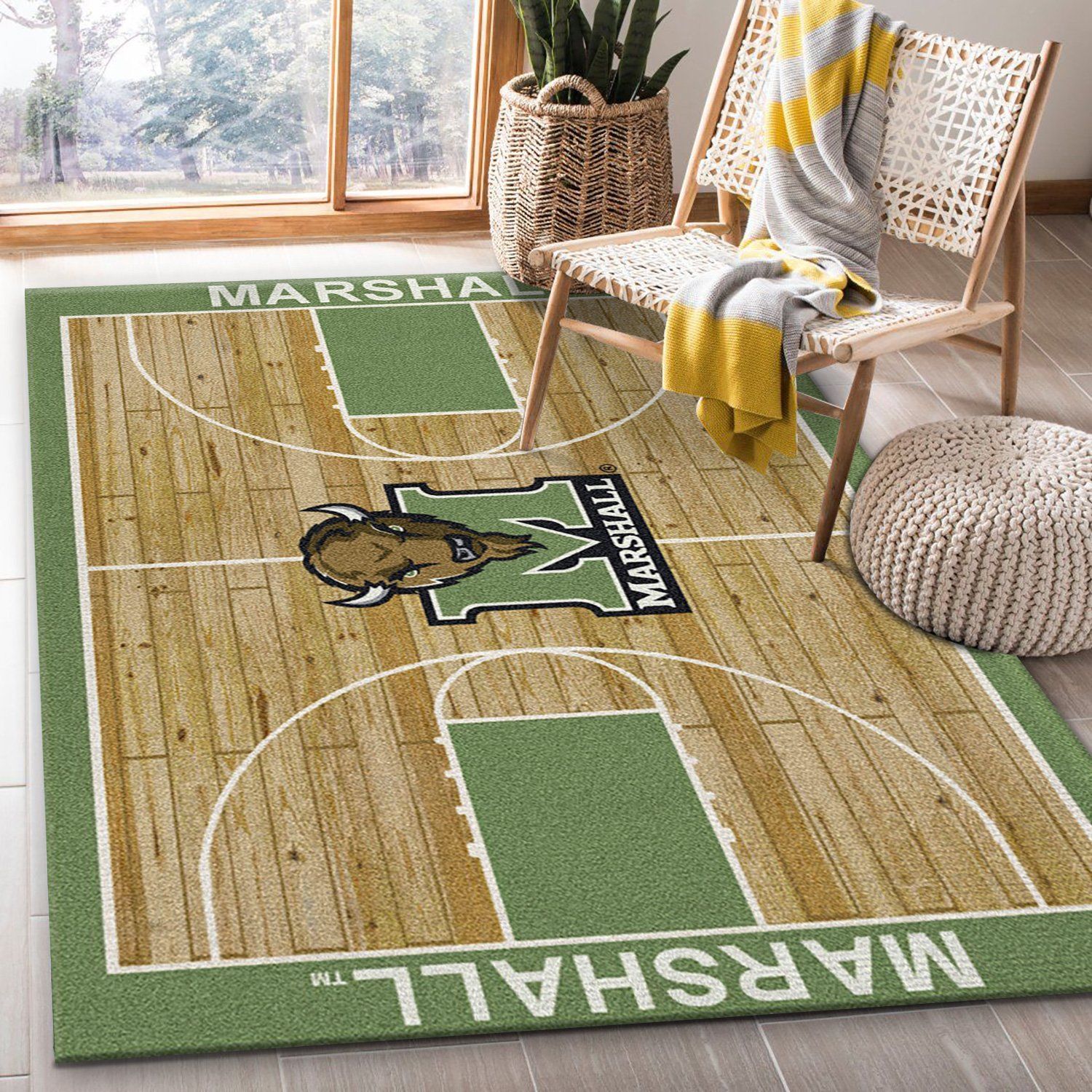 College Home Court Marshall Basketball Team Logo Area Rug, Bedroom Rug, Christmas Gift US Decor