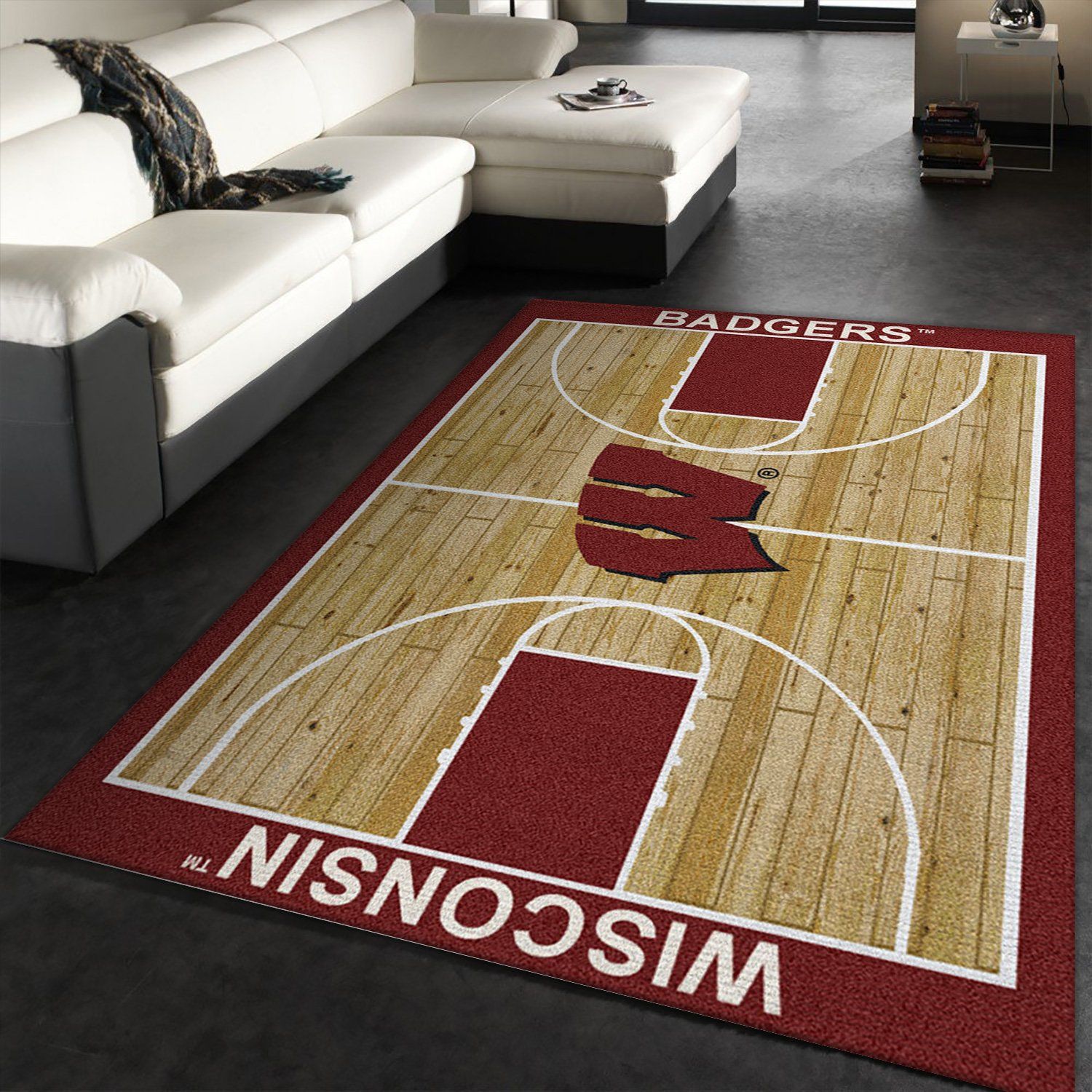 College Home Court Wisconsin Basketball Team Logo Area Rug, Living Room Rug, US Gift Decor