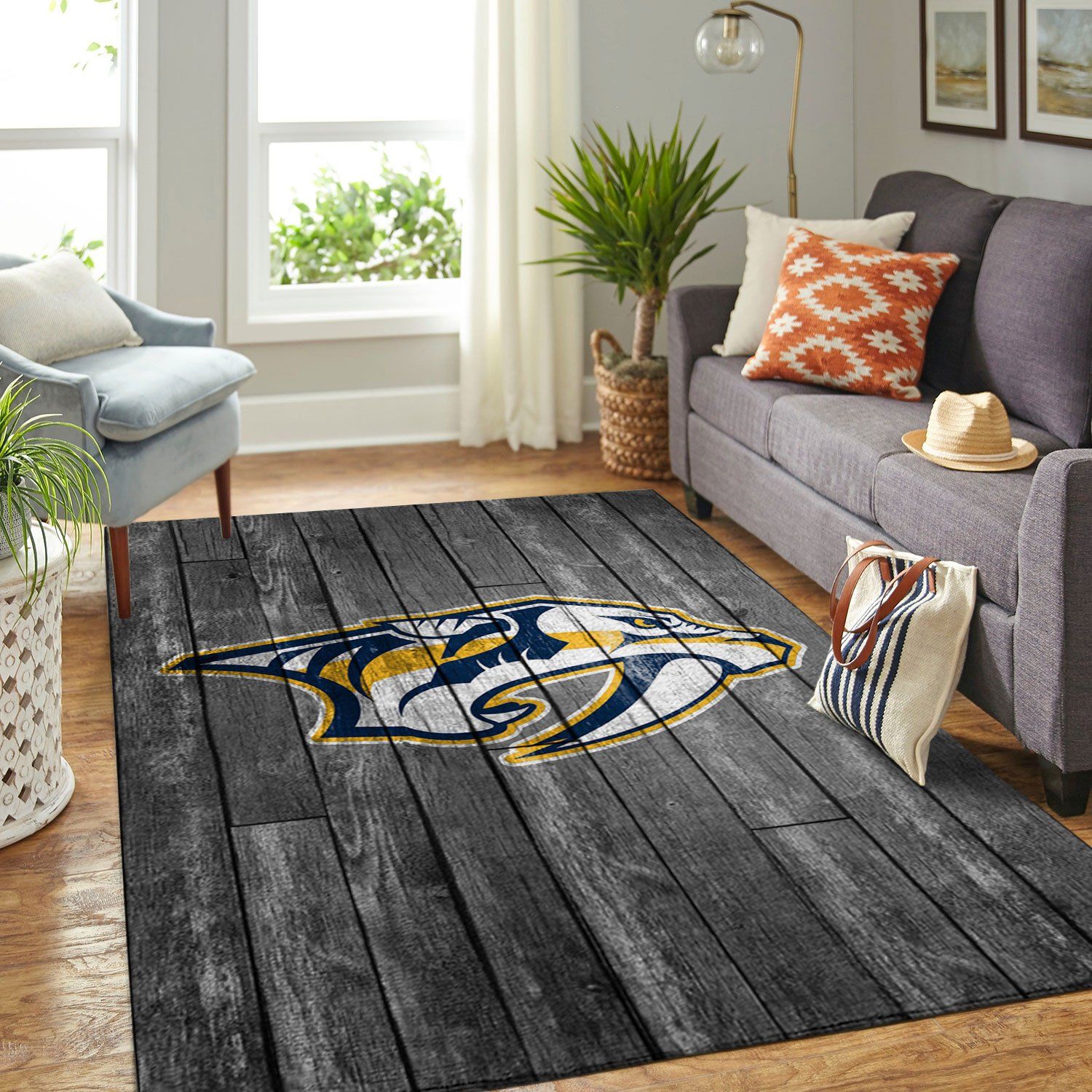 Nashville Predators Nhl Team Logo Grey Wooden Style Nice Gift Home Decor Rectangle Area Rug