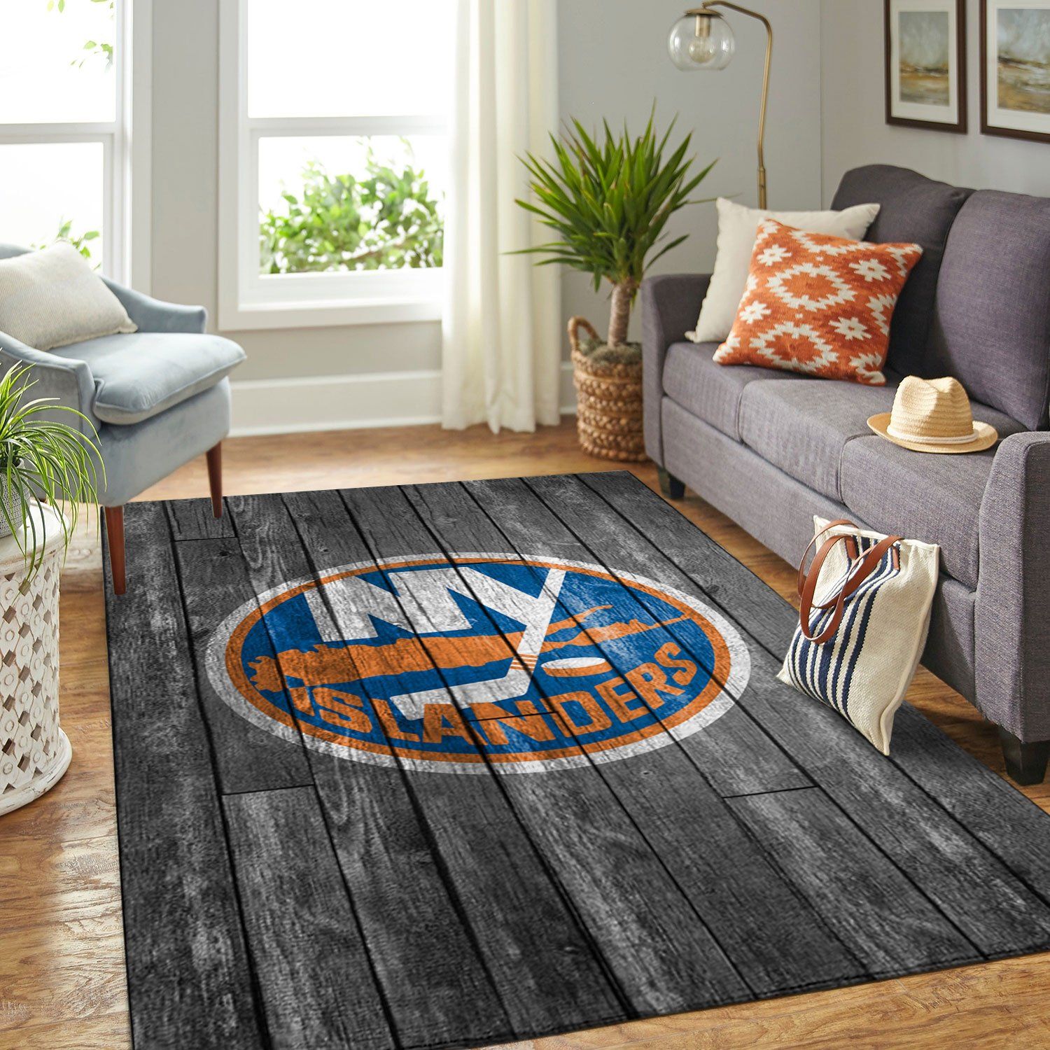 New York Islanders Nhl Team Logo Grey Wooden Style Nice Gift Home Decor Rectangle Area Rug