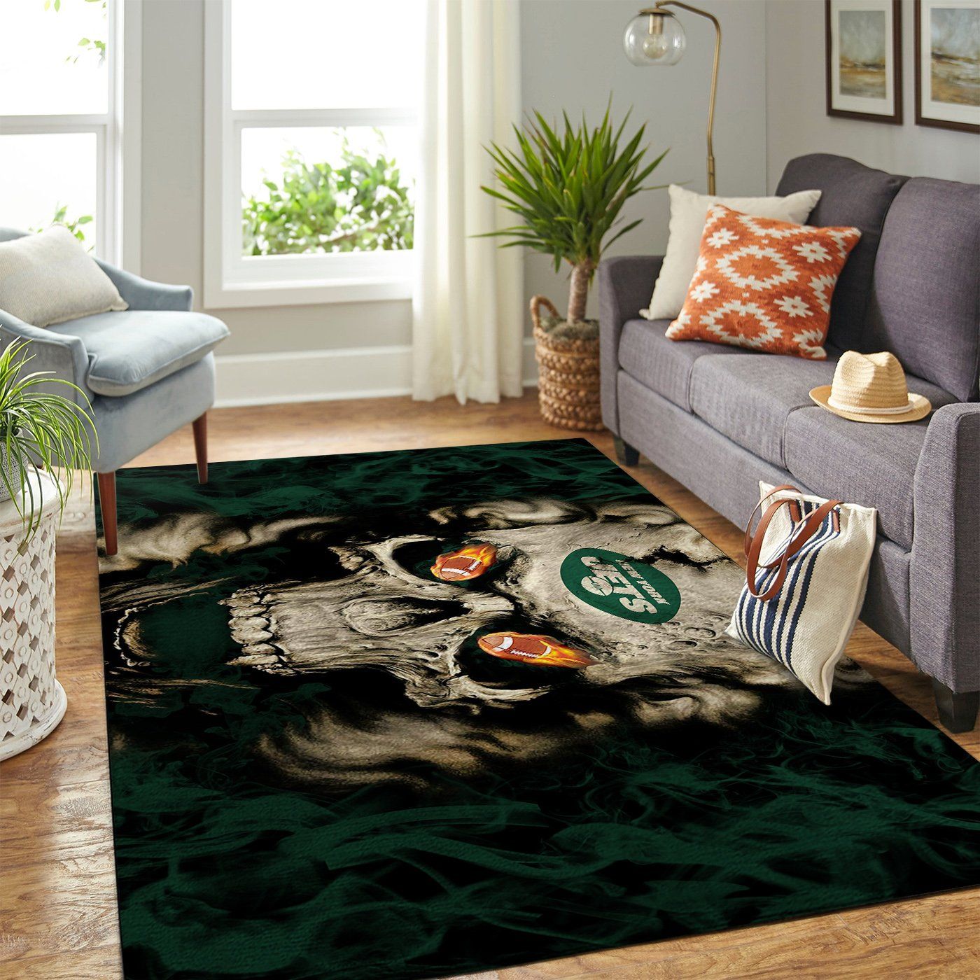 New York Jets Nfl Team Logo Skull Style Nice Gift Home Decor Rectangle Area Rug