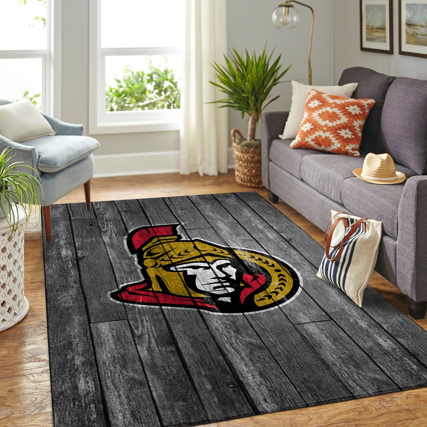 Ottawa Senators Nhl Team Logo Grey Wooden Style Nice Gift Home Decor Rectangle Area Rug