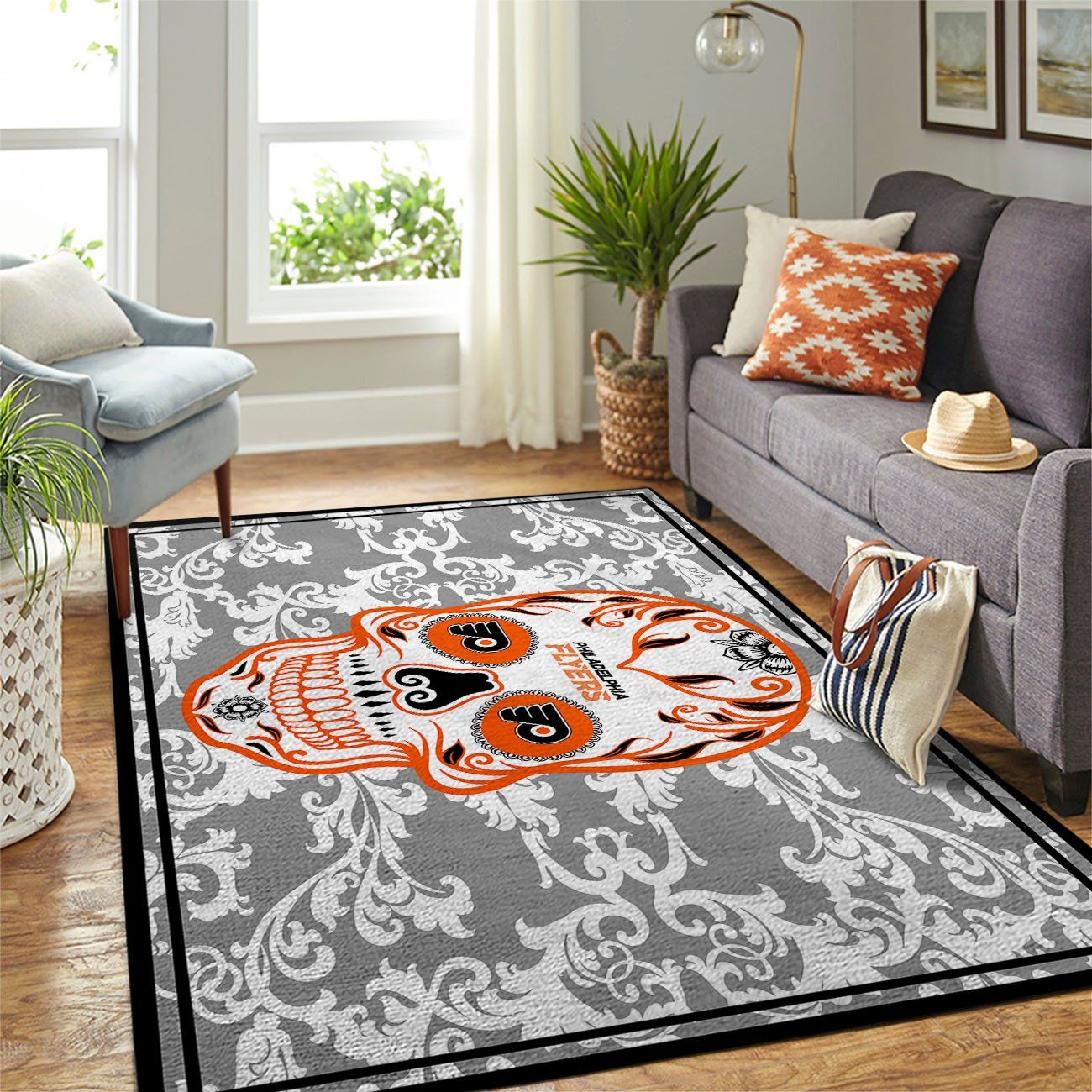 Philadelphia Flyers Nhl Team Logo Skull Flower Style Nice Gift Home Decor Rectangle Area Rug