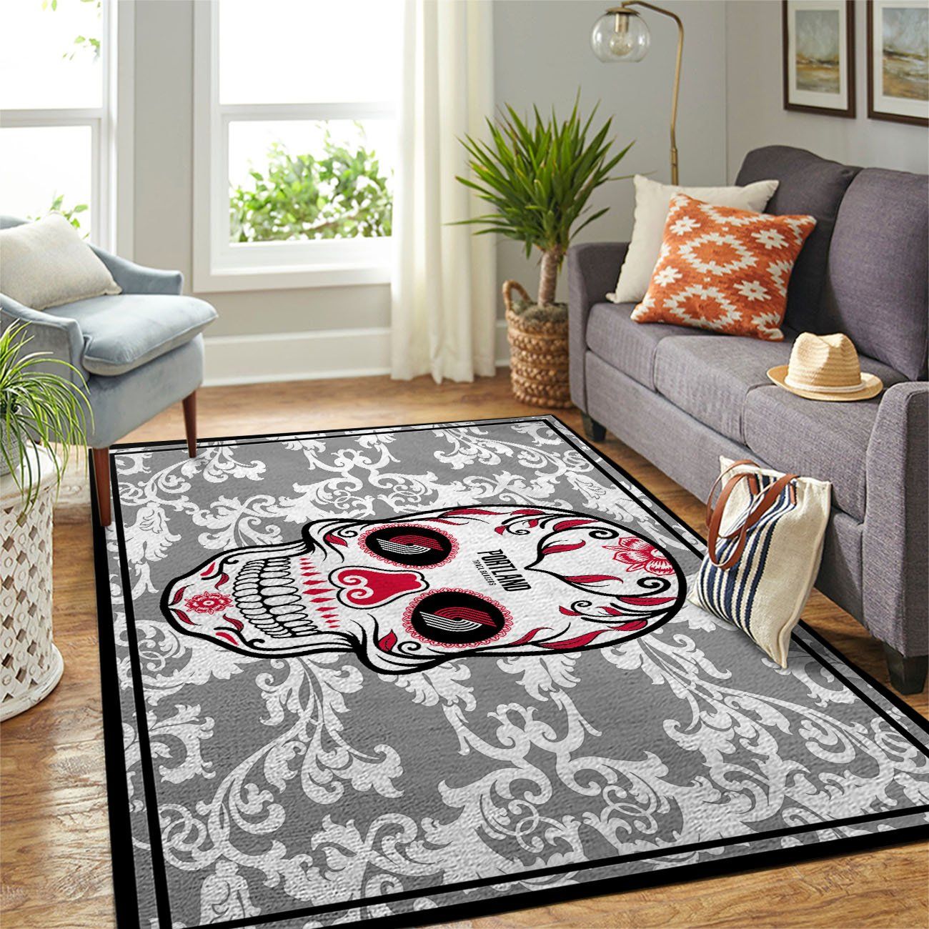 Portland Trailblazers Nba Team Logo Skull Flower Style Nice Gift Home Decor Rectangle Area Rug