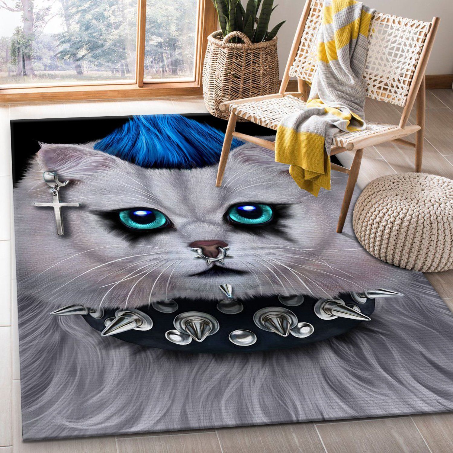 Punk Rock Cat With Mohawk Area Rug For Christmas Kitchen Rug Christmas Gift US Decor