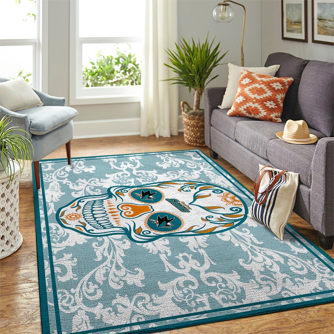 San Jose Sharks Nhl Team Logo Skull Flower Style Nice Gift Home Decor Rectangle Area Rug