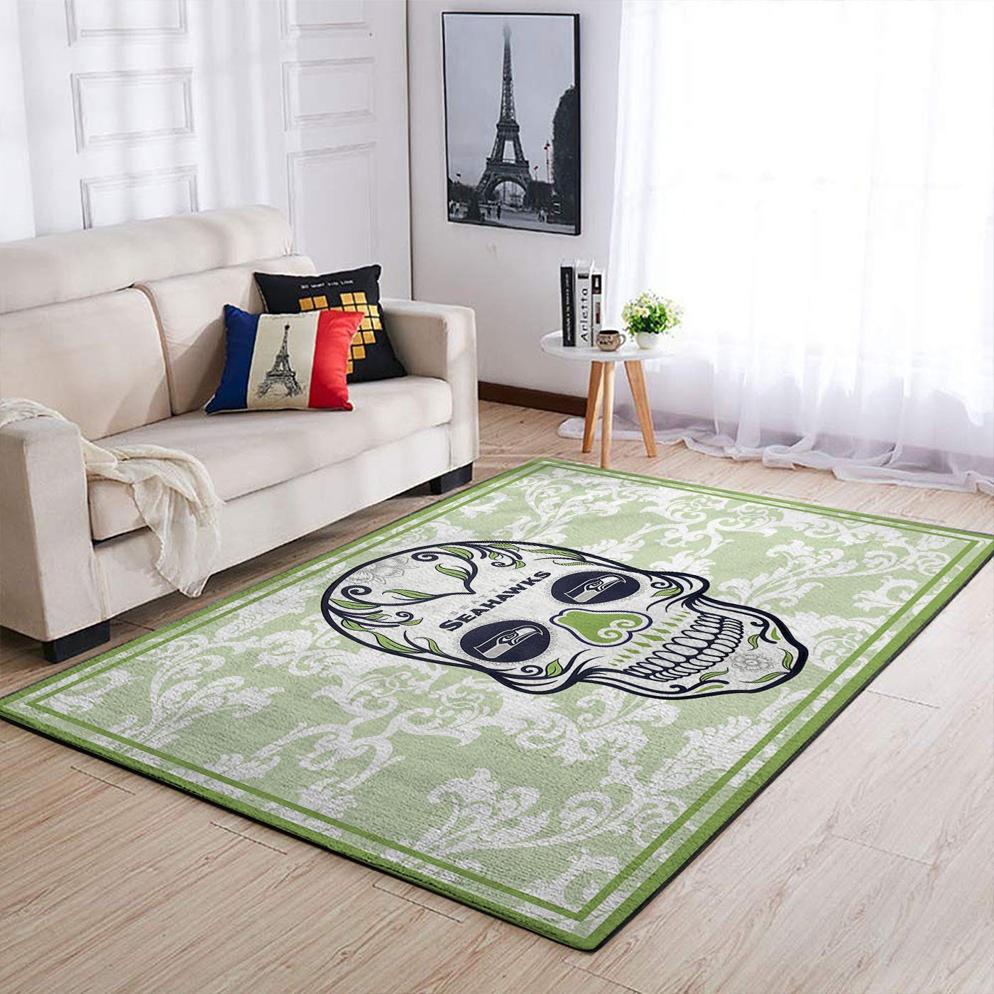 Seattle Seahawks Nfl Team Logo Skull Flower Style Nice Gift Home Decor Rectangle Area Rug