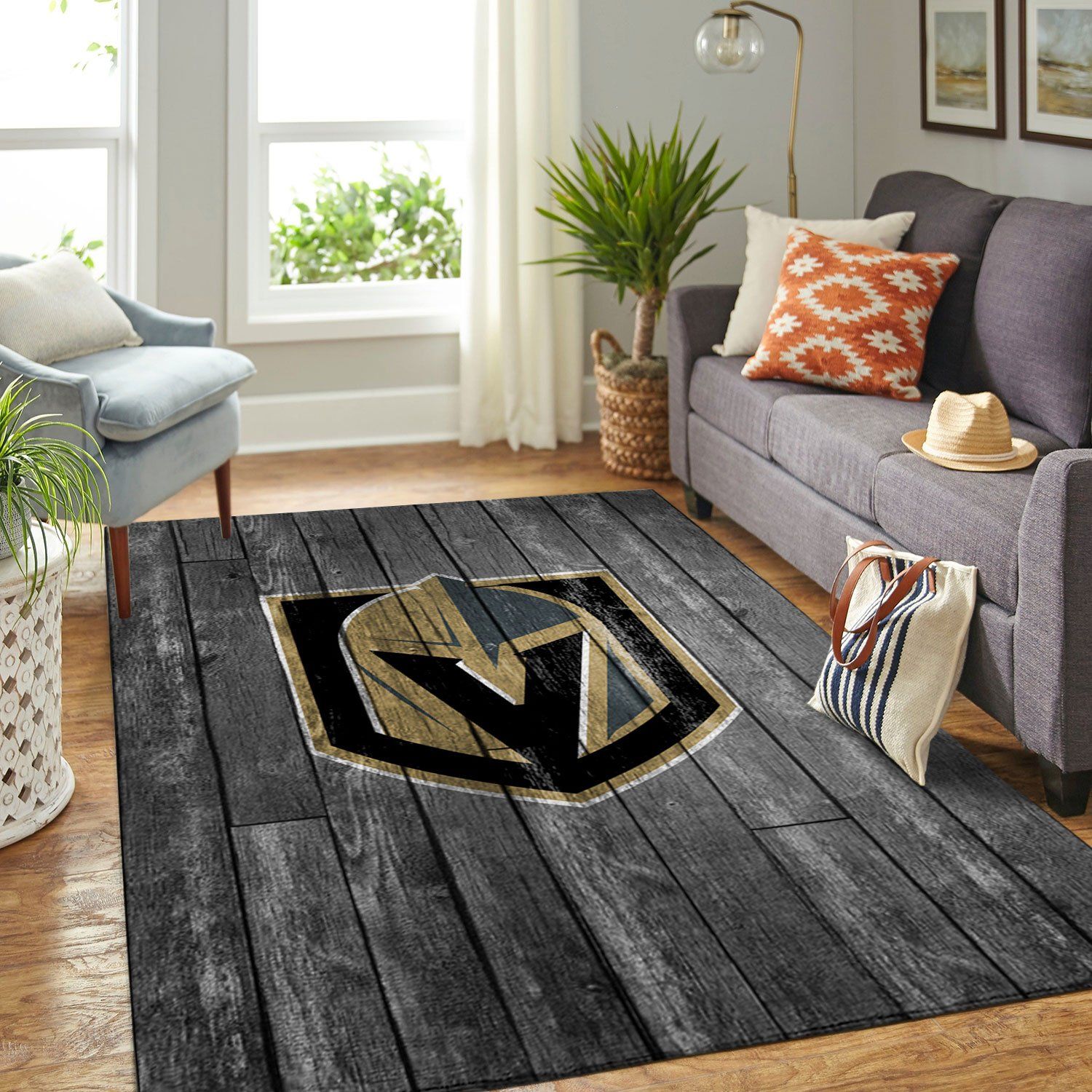 Vegas Golden Knights Nhl Team Logo Grey Wooden Style Nice Gift Home Decor Rectangle Area Rug