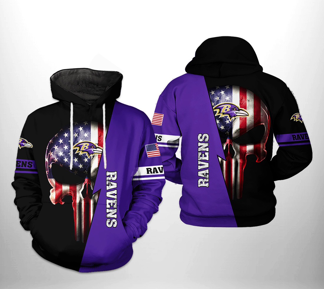 Baltimore Ravens NFL US Flag Skull Team 3D Printed Hoodie/Zipper Hoodie