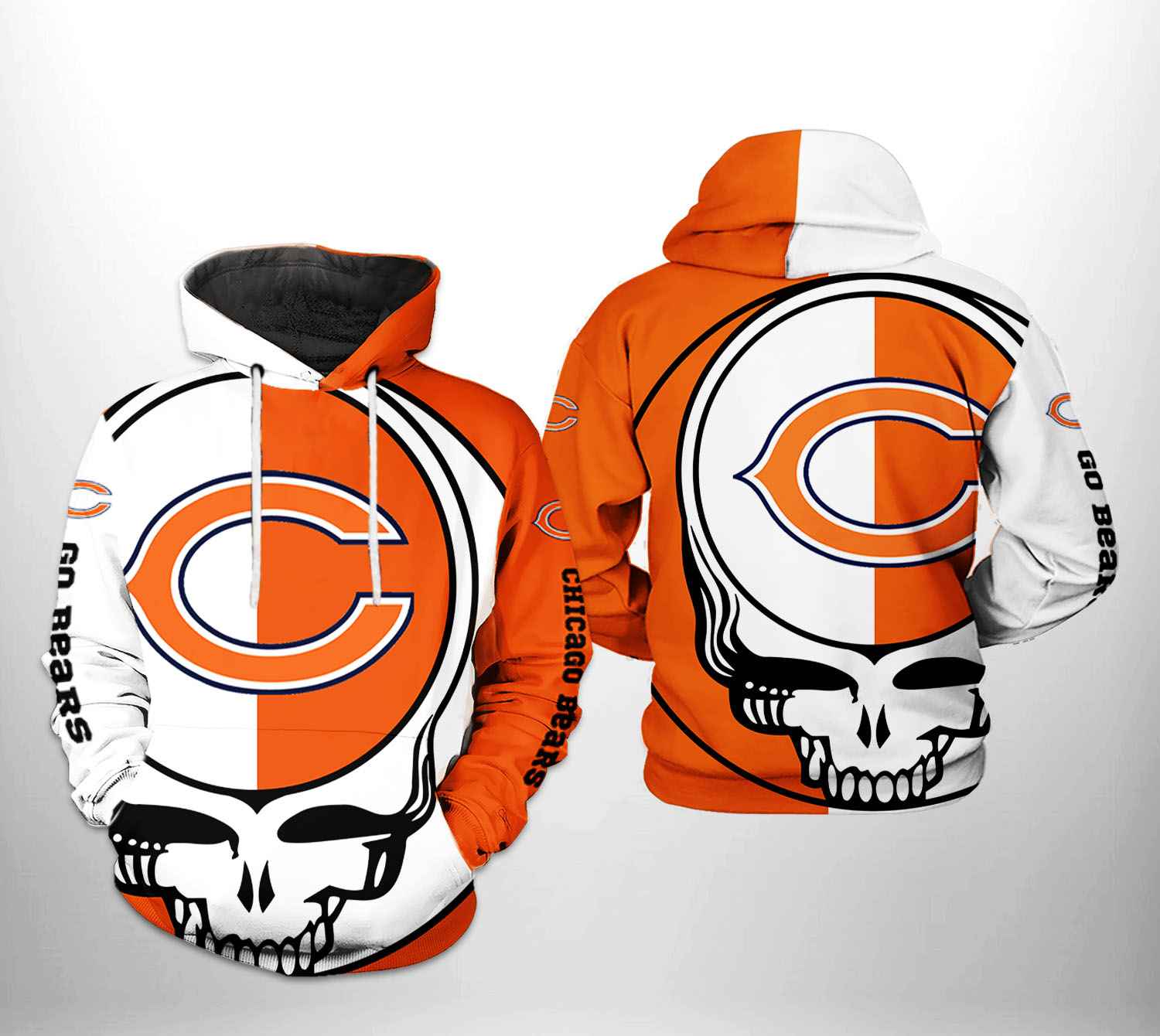 Chicago Bears hoodie 3D orange Skull 