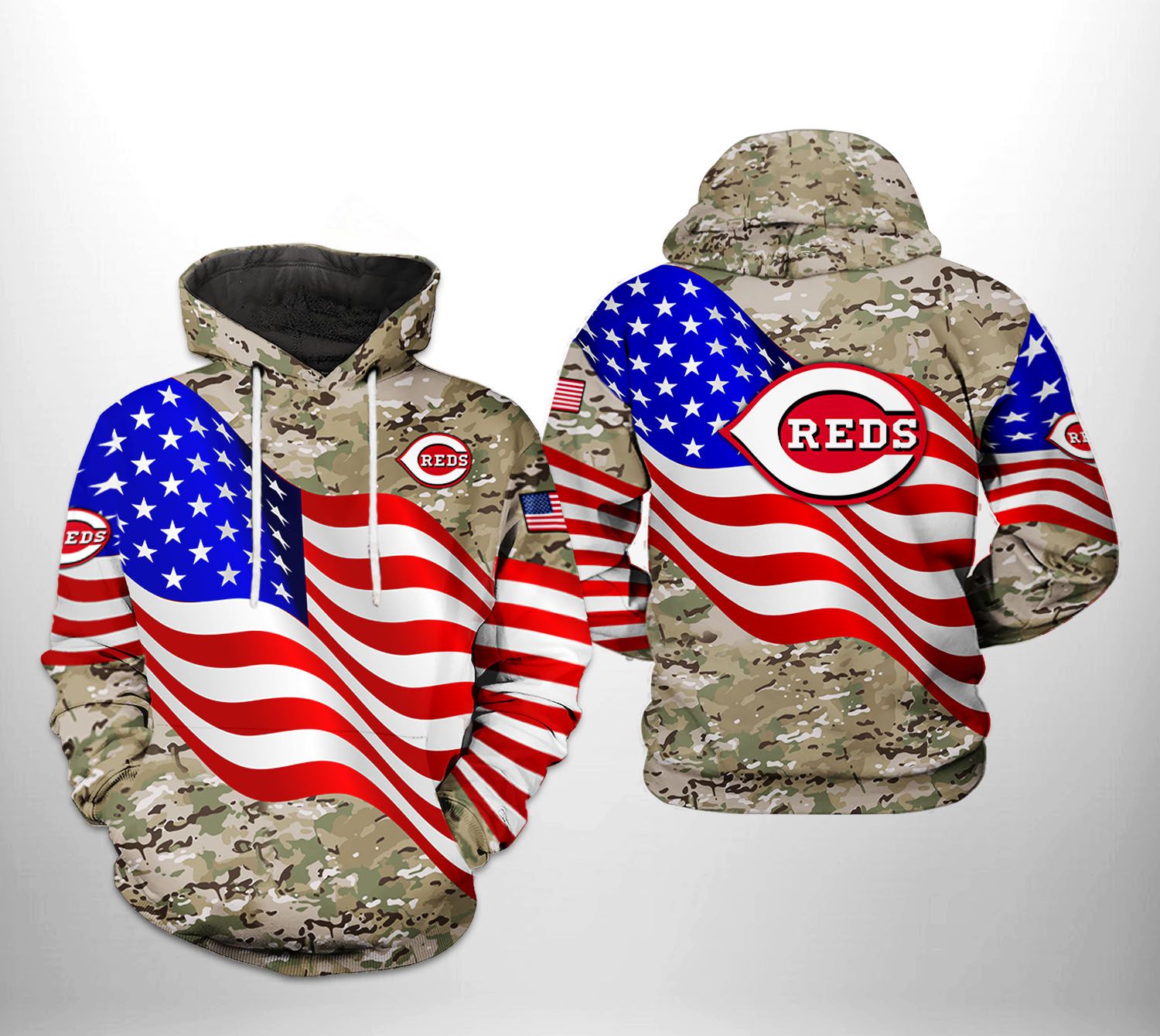 Cincinnati Reds MLB US Flag Camo Veteran 3D Printed Hoodie/Zipper Hoodie