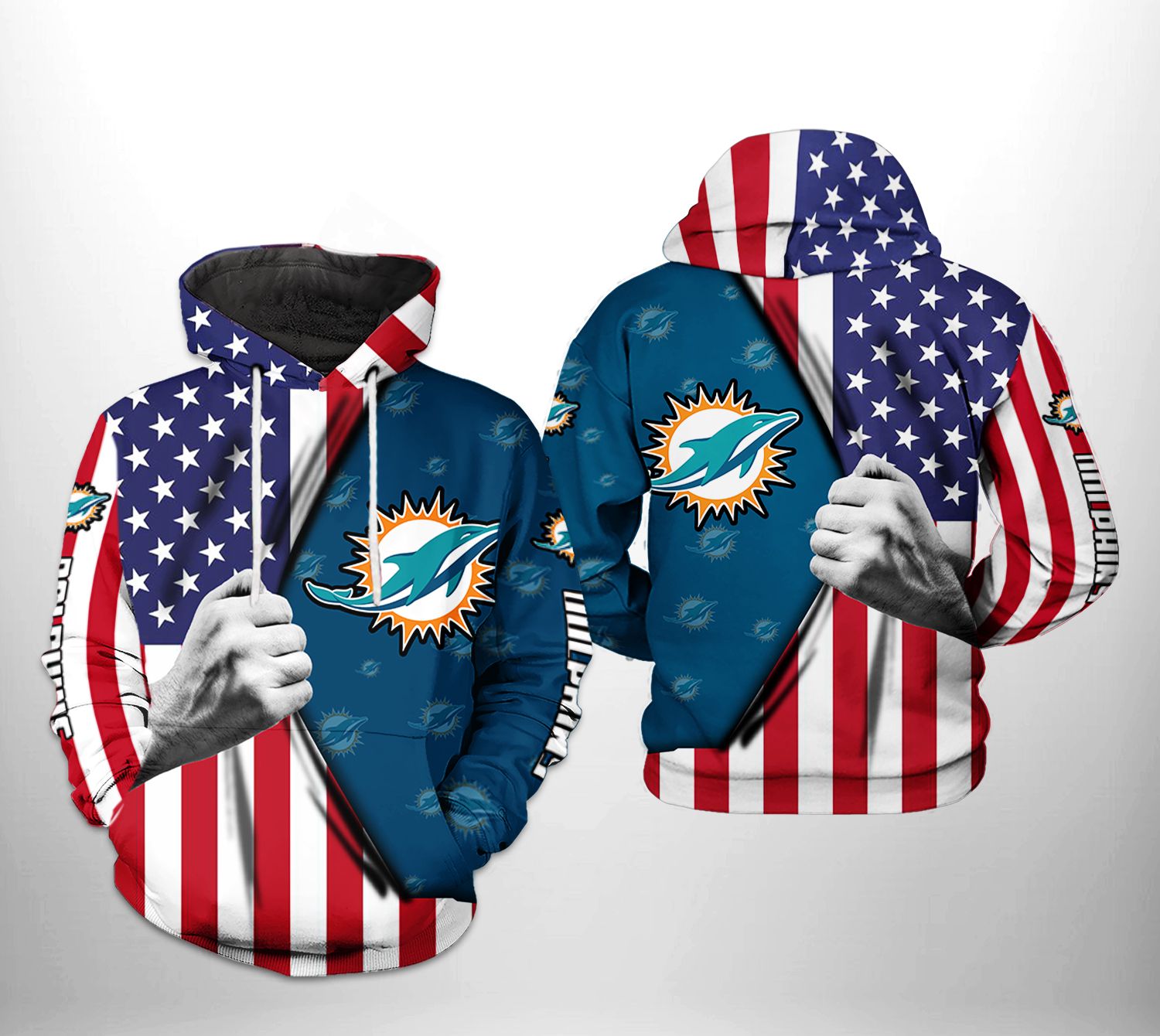 Youth Miami Dolphins Hoodie 3D Comfortable USA Flag Blue Miami