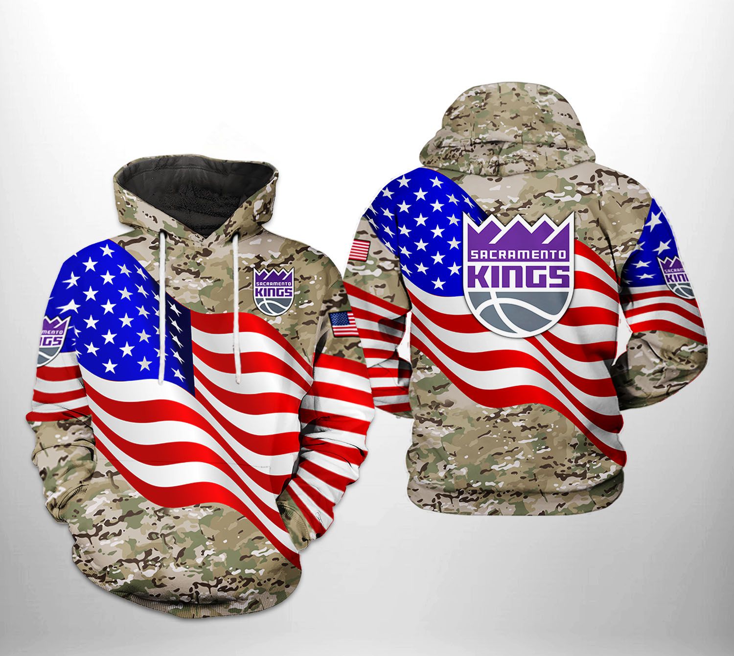 Sacramento Kings NBA US Flag Camo Veteran Team 3D Printed Hoodie/Zipper Hoodie