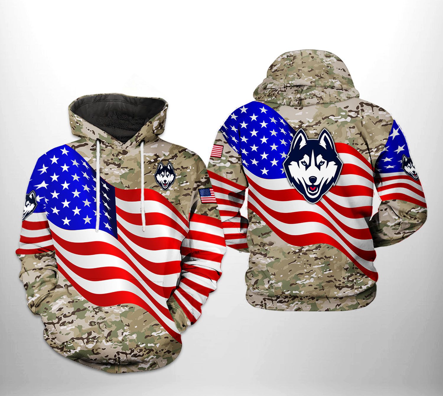 UConn Huskies NCAA US Flag Camo Veteran 3D Printed Hoodie/Zipper Hoodie