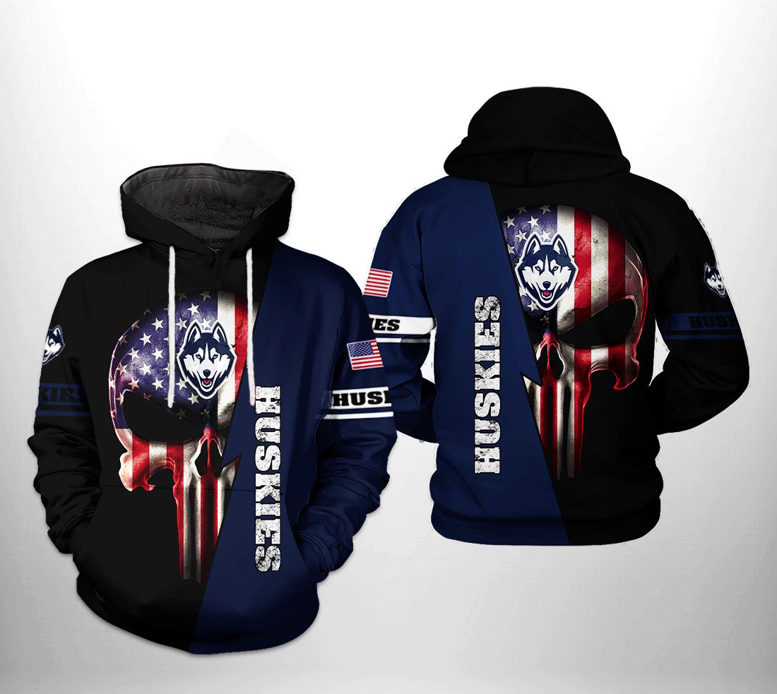 UConn Huskies NCAA US Flag Skull 3D Printed Hoodie/Zipper Hoodie