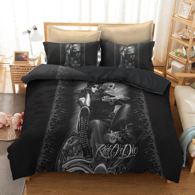 Black Motorbike Motorcycle Skull Duvet Cover and Pillowcase Set Bedding Set