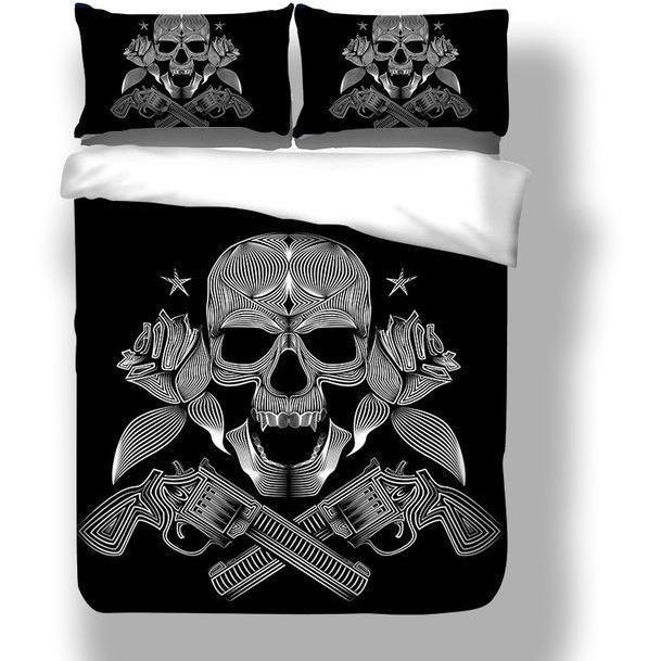 Black Skeleton Deathâ€™S Head Pistol Duvet Cover and Pillowcase Set Bedding Set