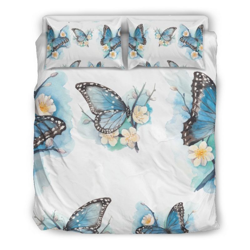 Blossom Blue Butterfly Pattern Print Duvet Cover and Pillowcase Set Bedding Set