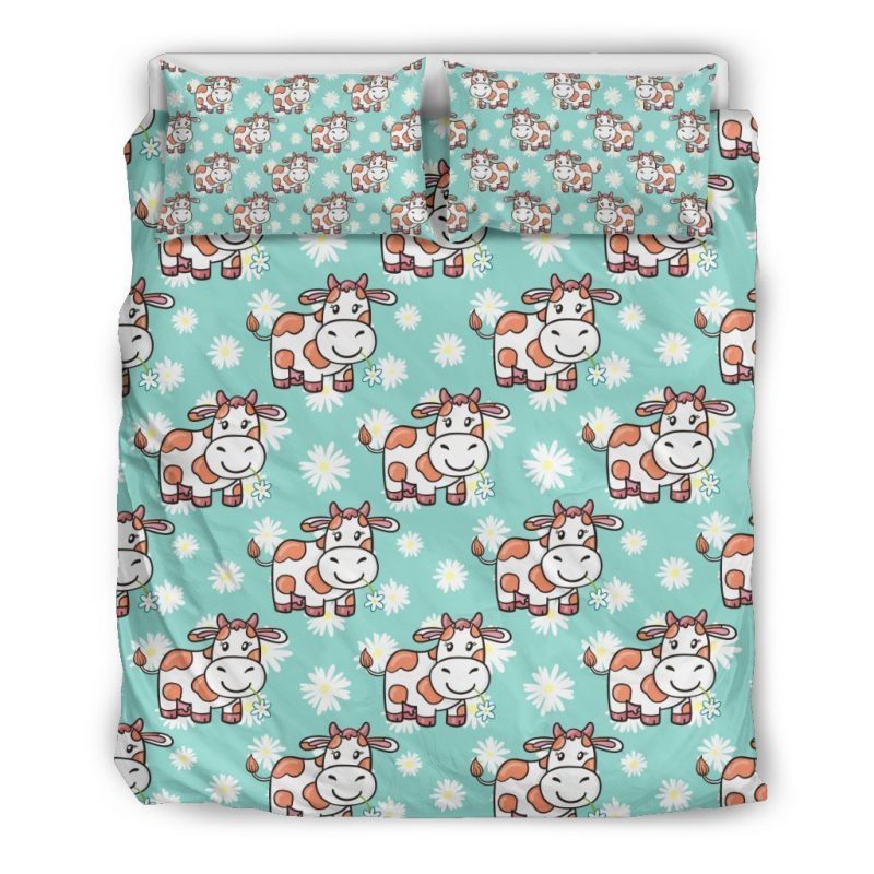 Cartoon Cow And Daisy Flower Print Duvet Cover and Pillowcase Set Bedding Set