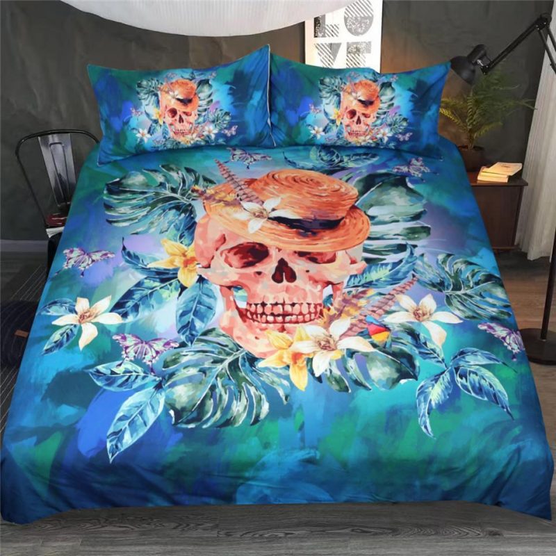 Floral Cool Skull With Hat Duvet Cover and Pillowcase Set Bedding Set