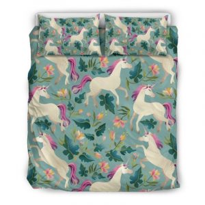 Floral Unicorn Pattern Print Duvet Cover and Pillowcase Set Bedding Set