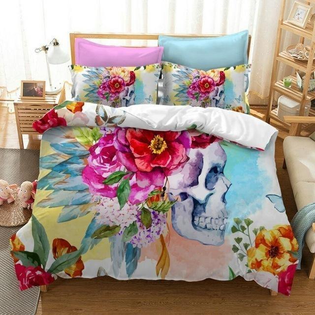 Flower Skull Duvet Cover and Pillowcase Set Bedding Set 389