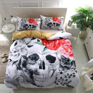 Flowers Kissing Skull Duvet Cover and Pillowcase Set Bedding Set 377