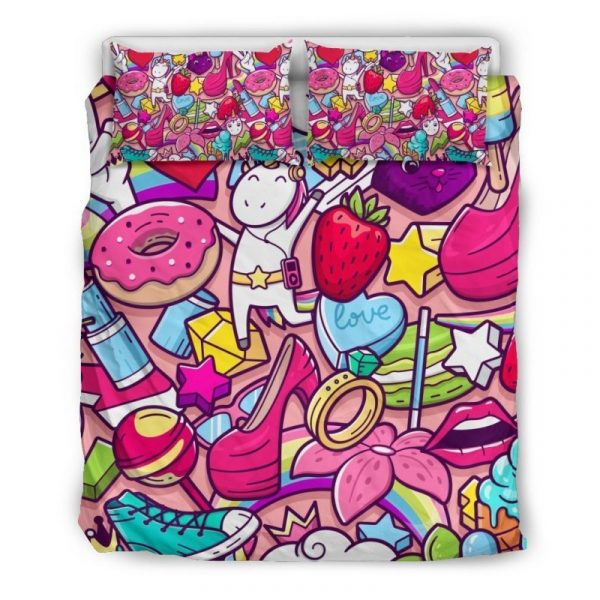 Girly Unicorn Cartoon Pattern Print Duvet Cover and Pillowcase Set Bedding Set