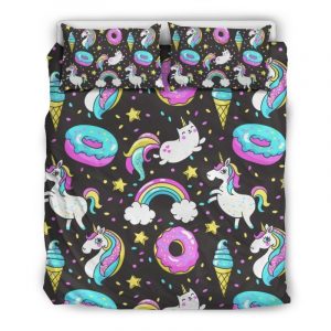 Girly Unicorn Donut Pattern Print Duvet Cover and Pillowcase Set Bedding Set