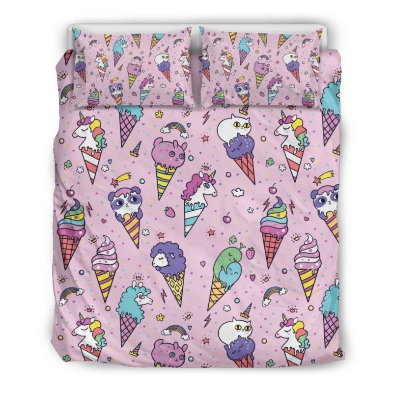 Girly Unicorn Ice Cream Pattern Print Duvet Cover and Pillowcase Set Bedding Set