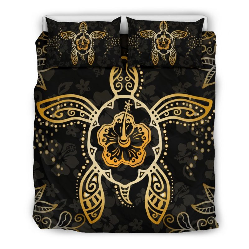 Golden Turtle And Hibiscus Duver Duvet Cover and Pillowcase Set Bedding Set