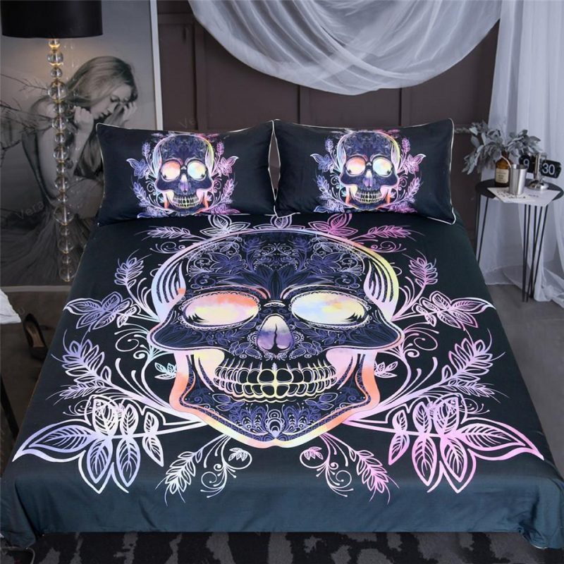 Gothic Skull Leaves Paisley Pink Purple Duvet Cover and Pillowcase Set Bedding Set