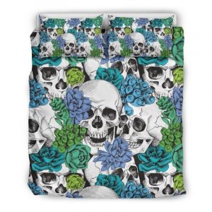 Green Blue Flowers Skull Pattern Print Duvet Cover and Pillowcase Set Bedding Set