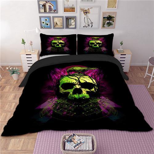 Green Skull Bird Duvet Cover and Pillowcase Set Bedding Set 400