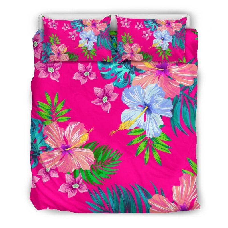 Hot Pink Aloha Hibiscus Pattern Print Duvet Cover and Pillowcase Set Bedding Set