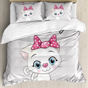 Kitten Cartoon Cat Pink Printed Duvet Cover and Pillowcase Set Bedding Set