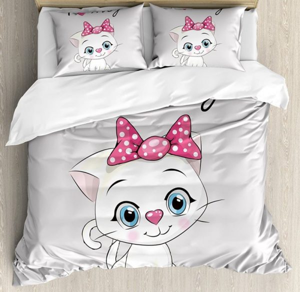 Kitten Cartoon Cat Pink Printed Duvet Cover and Pillowcase Set Bedding Set