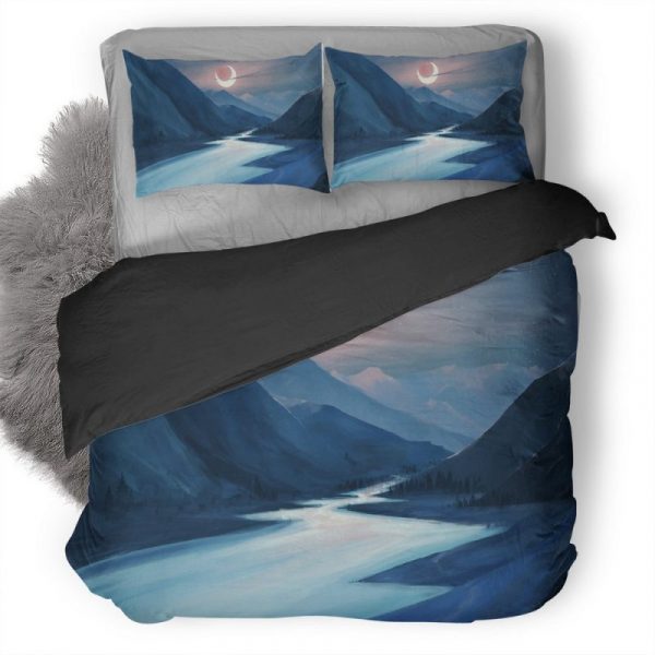 Lake Moon Night Illustration In Duvet Cover and Pillowcase Set Bedding Set