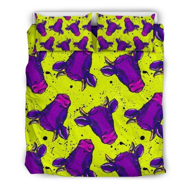 Lime Green And Purple Cow Pattern Print Duvet Cover and Pillowcase Set Bedding Set